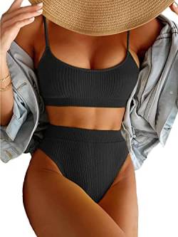 Lilosy Bikini-Set mit hoher Taille, Bauchkontrolle, gerippt, Bauchfreies Oberteil, brasilianischer Badeanzug, 2-teilig, Schwarz, S von Lilosy