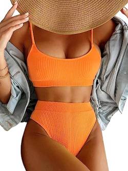 Lilosy Geripptes Bikini-Oberteil mit hoher Taille, Bauchkontrolle, brasilianisches Badeanzug-Set, 2-teilig, Orange/Abendrot im Zickzackmuster (Sunset Chevron), Medium von Lilosy