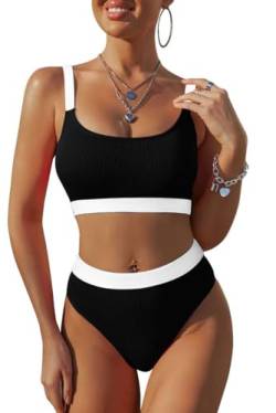 Lilosy Geripptes Tank-Bikini-Set mit hoher Taille, frecher Badeanzug, 2-teilig, Tank Colorblock Schwarz, S von Lilosy