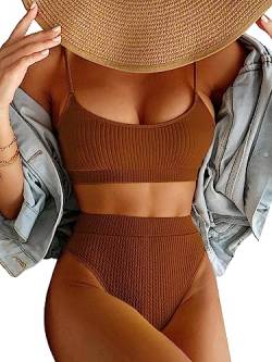 Lilosy Hohe Taille Bauchkontrolle Gerippter Bikini Crop Top Brasilianischer Badeanzug Set 2-teilig, Braun, M von Lilosy
