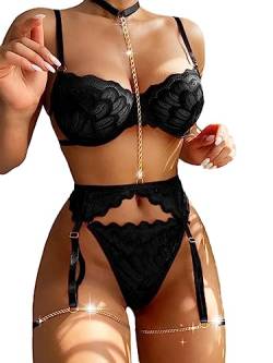 Lilosy Sexy Choker Floral Spitze Bügel Push Up Strumpfgürtel Dessous Set für Frauen Sheer BH und Panty 3 Stück, Kette schwarz, Large von Lilosy