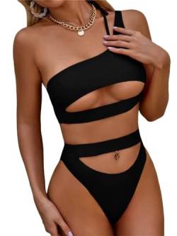 Lilosy Sexy Cutout One Shoulder Bikini Badeanzug Set für Frauen Brazilian Badeanzug 2 Stück, Schwarz 2#, Small von Lilosy