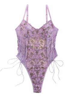 Lilosy Sexy Damen-Dessous, mit Schnürung und Blumenmuster, bestickt, Einteiler - Violett - Medium von Lilosy