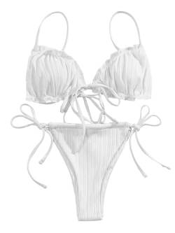 Lilosy Sexy Gerippter gepolsterter String Tanga brasilianischer Bikini Badeanzug Set für Frauen Seitliche Bindung Knotted Badeanzug 2 Stück, Cremeweiß Nr. 2, S von Lilosy