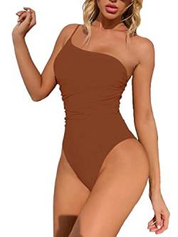 Lilosy Sexy One Shoulder Tummy Control Ruched Badeanzug High Cut Brazilian Bathing Suit 1 Piece, Gerafftes Kaffeebraun, Large von Lilosy