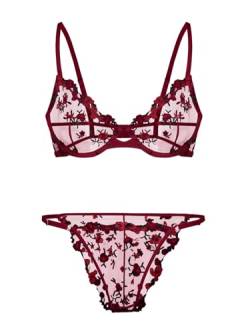 Lilosy Sexy Push-Up-Dessous-Set mit Blumenstickerei, Bügel, durchsichtiger BH und Höschen, 2-teilig, Blume/Rot, Medium von Lilosy