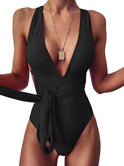 Lilosy Sexy Self Tie Criss Cross Plunge Backless High Cut Thong One Piece Swimsuit for Women Open Back Padded Cheeky Bathing Suit High Leg Bikini Black Medium von Lilosy