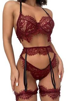 Lilosy Sexy Strapsgürtel, Dessous-Set für Damen, mit Bügel, Push-Up-Strümpfe, Blumenspitze, durchsichtig, 3-teilig, Halfter bordeaux rot, Large von Lilosy