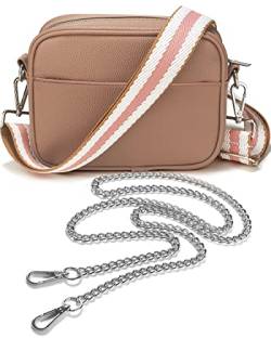 Lily England Crossbody Bag für Damen mit breiter Gurt & extra Kette - Premium Umhängetasche aus veganem Leder gemacht - Sichere Crossbag mit großen Reißverschlussfächern, Hellbraune von Lily England