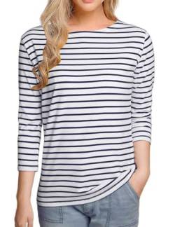 Damen Langarm Gestreiftes T-Shirt Tops Slim Fit Blusen, Sl1-3/4 Ärmel-Blau Weiß, X-Groß von LilyCoco