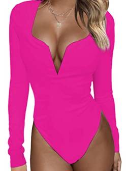 LilyCoco Damen-Body mit langen Ärmeln, figurbetont, tiefer V-Ausschnitt, dehnbar, Top, A-hot Pink, XL von LilyCoco