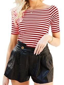 LilyCoco Damen Kurzarm Vogue Fitted Off Shoulder Shirt Modal Top T-Shirt, Ellenbogenmanschette mit roten Streifen, Groß von LilyCoco