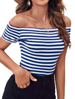 LilyCoco Damen Kurzarm Vogue Fitted Off Shoulder Shirt Modal Top T-Shirt, Königsblau gestreift, Mittel von LilyCoco