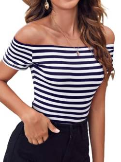 LilyCoco Damen Kurzarm Vogue Fitted Off Shoulder Shirt Modal Top T-Shirt, Marineblau gestreift, Groß von LilyCoco