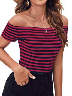 LilyCoco Damen Kurzarm Vogue Fitted Off Shoulder Shirt Modal Top T-Shirt, Marineblau gestreift, Klein von LilyCoco