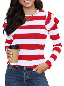 LilyCoco Damen Langarmshirt, gestreift, Rüschen-Top, lockere Passform, Rundhalsausschnitt, T-Shirts, Breiter rot-weißer Streifen, Mittel von LilyCoco