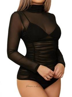 LilyCoco Damen Rollkragen Body Suit Gerafft Sheer Mesh Langarm Thong Bodysuit Tops, Schwarz, XL von LilyCoco