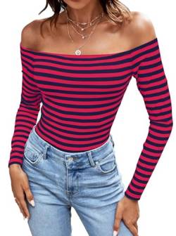 LilyCoco Damen Schulterfrei Tops Langarm Gestreiftes T-Shirt Sexy Bodycon Shirt, Marineblau Rot gestreift, X-Groß von LilyCoco