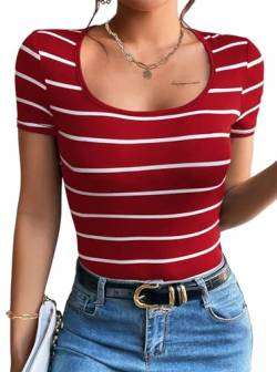 LilyCoco Damen-T-Shirt, Rundhalsausschnitt, gestreift, kurzärmelig, schmale Passform, Rot weiß gestreift, Mittel von LilyCoco