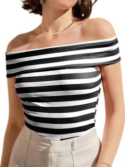 LilyCoco Damen-T-Shirt, kurzärmelig, figurbetont, schulterfrei, Modal-Top, Sailor Schwarz Weiß Gestreift, Mittel von LilyCoco