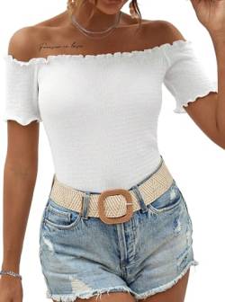 LilyCoco Damen-T-Shirt, kurzärmelig, figurbetont, schulterfrei, Modal-Top, Salatbesatz, weiß, Large von LilyCoco