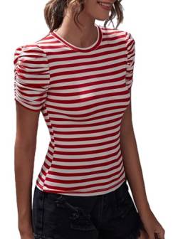 LilyCoco Damen gestreifte kurze Puffärmel Slim Fit Rundhals Bluse Shirt Tops, rot / weiß, Mittel von LilyCoco