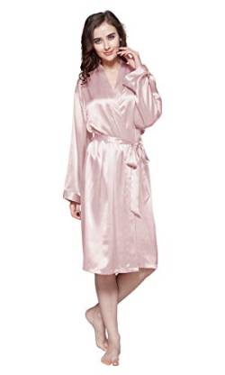 LilySilk 22 Momme Klassischer Seide Bademantel V-Ausschnitt Kurze Seidenrobe Brautjungfern-Robe Mittellanges 100% Seide Morgenmantel für Braut Nachtwäsche Kimono M, Altrosa von LilySilk