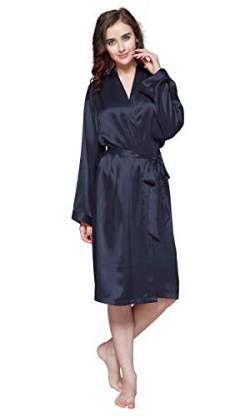 LilySilk 22 Momme Klassischer Seide Bademantel V-Ausschnitt Kurze Seidenrobe Brautjungfern-Robe Mittellanges 100% Seide Morgenmantel für Braut Nachtwäsche Kimono XS, Dunkel Blau von LilySilk