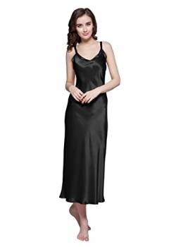 LilySilk 22 Momme Langes Seidennachthemd V-Ausschnitt Verstellbare Träger Nachtwäsche Nachtkleid Sexy Spitze Ärmellose Negligee L, Schwarz von LilySilk