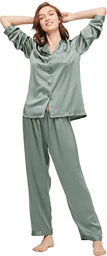 LilySilk 22 Momme Seide Damenpyjama Set Schlafanzug Nachtwäsche Damen Hausanzug aus Seide von Verpackung MEHRWEG(Avocadogrün,M) von LilySilk