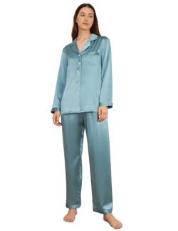 LilySilk 22 Momme Seide Damenpyjama Set Schlafanzug Nachtwäsche Damen Hausanzug aus Seide von Verpackung MEHRWEG Neblig Blau M von LilySilk