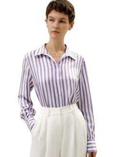 LilySilk Damen 16MM Reine Seide Hemd Damen lila weiß Nadelstreifen Bluse mit V-Ausschnitt und Langarm für Arbeit lässig Frühling Sommer Herbst(Flieder-Weiße Nadelstreifen,M) von LilySilk