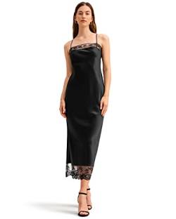 LilySilk Damen 22 Momme Seidenkleid mit Spitze Dekoration Frauen Träger Midi Maxi Seitenschlitz Abendkleid Mädchen Cocktailkleid aus Seide(Schwarz,34) von LilySilk