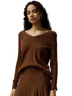 LilySilk Damen Pullover 100% Merinowolle Basic Oversized Herbst/Winter Jumper mit V-Ausschnitt kausal Relaxed Sweater(Karamell,L) von LilySilk