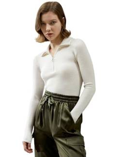 LilySilk Damen Pullover Merinowolle trendy Jumper Sweatshirt mit Reißverschluss Reverskragen Sommer Winter(Weiß,L) von LilySilk