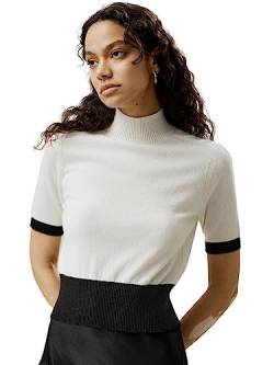 LilySilk Damen Pullover T-Shirt 100% Kaschmir Stricktop Kurze Ärmel mit Mock-Ausschnitt, kontrahierende Farben alle Jahreszeiten(Weiß,S von LilySilk
