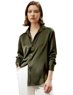 LilySilk Damen Reine Seide Hemd Frauen 22MM ungefärbte natürliche Seide Blusen Mädchen Klassische Basic Stil Langarmshirt für Arbeit Casual tägliche Kleidung(Dunkles Oliv,L) von LilySilk