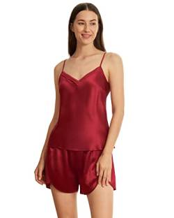 LilySilk Damen Reine Seide Pyjama Set Frauen 22MM Camisole Set mit doppellagigen Shorts Mädchen lässige Loungewear Nachtwäsche 2pcs Set(Rotwein,XS) von LilySilk