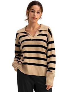 LilySilk Damen Streifen Pulli Strickpullover Sweatshirt 100% Merinowolle Polo Pullover für Herbst Winter(Schwarz-Toffee-Streifen,L) von LilySilk