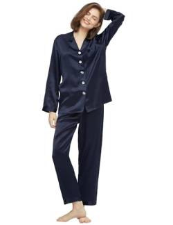 LilySilk Elegante Seide Nachtwäsche Damen Langarm Pyjama Langarm Hausanzug Weihnachts-Pyjama-Set Verpackung MEHRWEG(Navy Blau,S) von LilySilk
