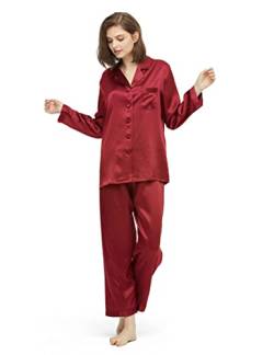 LilySilk Elegante Seide Nachtwäsche Damen Langarm Pyjama Langarm Hausanzug Weihnachts-Pyjama-Set Verpackung MEHRWEG(Weinrot,L) von LilySilk