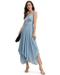 LilySilk Elegantes Seidenkleid für Frauen Lange sexy v Hals Retro Vintage unregelmäßiger Saum rmovable Gürtel ärmellose Urlaubsparty Hochzeitsdamen Seidenkleider(Hellblau,30) von LilySilk