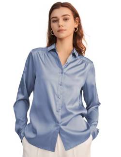 LilySilk Frauen Seide Hemdbluse Damenhemd Shirt Langarm Kragen Klassische Bluse mit V-Ausschnitt für Arbeit oder Freizeit(Azurblau,S) von LilySilk