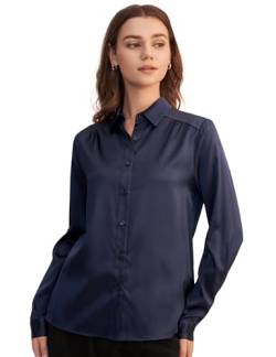 LilySilk Frauen Seide Hemdbluse Damenhemd Shirt Langarm Kragen Klassische Bluse mit V-Ausschnitt für Arbeit oder Freizeit(Dunkel Blau,L) von LilySilk