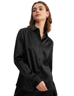 LilySilk Frauen Seide Hemdbluse Damenhemd Shirt Langarm Kragen Klassische Bluse mit V-Ausschnitt für Arbeit oder Freizeit(Schwarz,L) von LilySilk