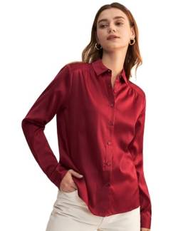 LilySilk Frauen Seide Hemdbluse Damenhemd Shirt Langarm Kragen Klassische Bluse mit V-Ausschnitt für Arbeit oder Freizeit(Weinrot,S) von LilySilk