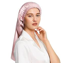 LilySilk Frauen Seide Mütze Schlafmütze mit elastischem Band für Damen Weiche Nachthaube verstellbare Schlafhaube Kopfbedeckung für langes Haar，Rosa von LilySilk