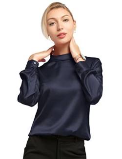 LilySilk Frauen Seidenbluse Damenhemd Stehkragen Langarmshirt Schlichte Damenbluse für Arbeit oder Freizeit(Dunkel Blau,L) von LilySilk