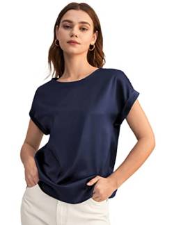 LilySilk Frauen Seidenshirt Tunika Damen Kurze Ärmel Rundhals Seide Tee Damenbluse(Dunkel Blau,S) von LilySilk