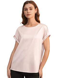 LilySilk Frauen Seidenshirt Tunika Damen Kurze Ärmel Rundhals Seide Tee Damenbluse(Hell Beige,L) von LilySilk